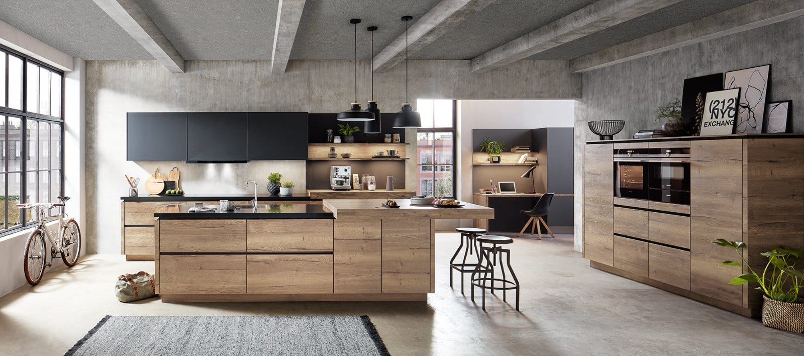 Nobilia Matt Black Wood Open Plan Handleless Kitchen With Island 2021 2 | Lead Wolf, Peterborough