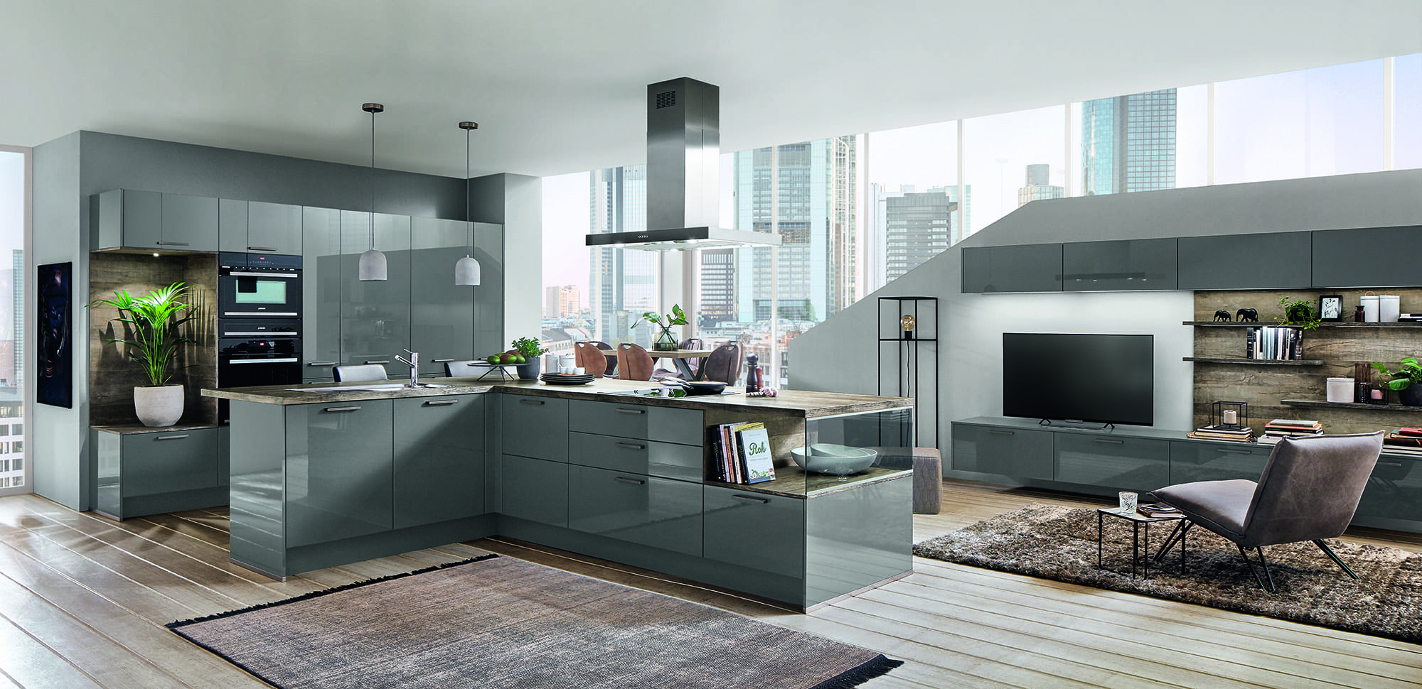 Nobilia Modern Grey Gloss Open Plan Kitchen With Island 2021 | Lead Wolf, Peterborough